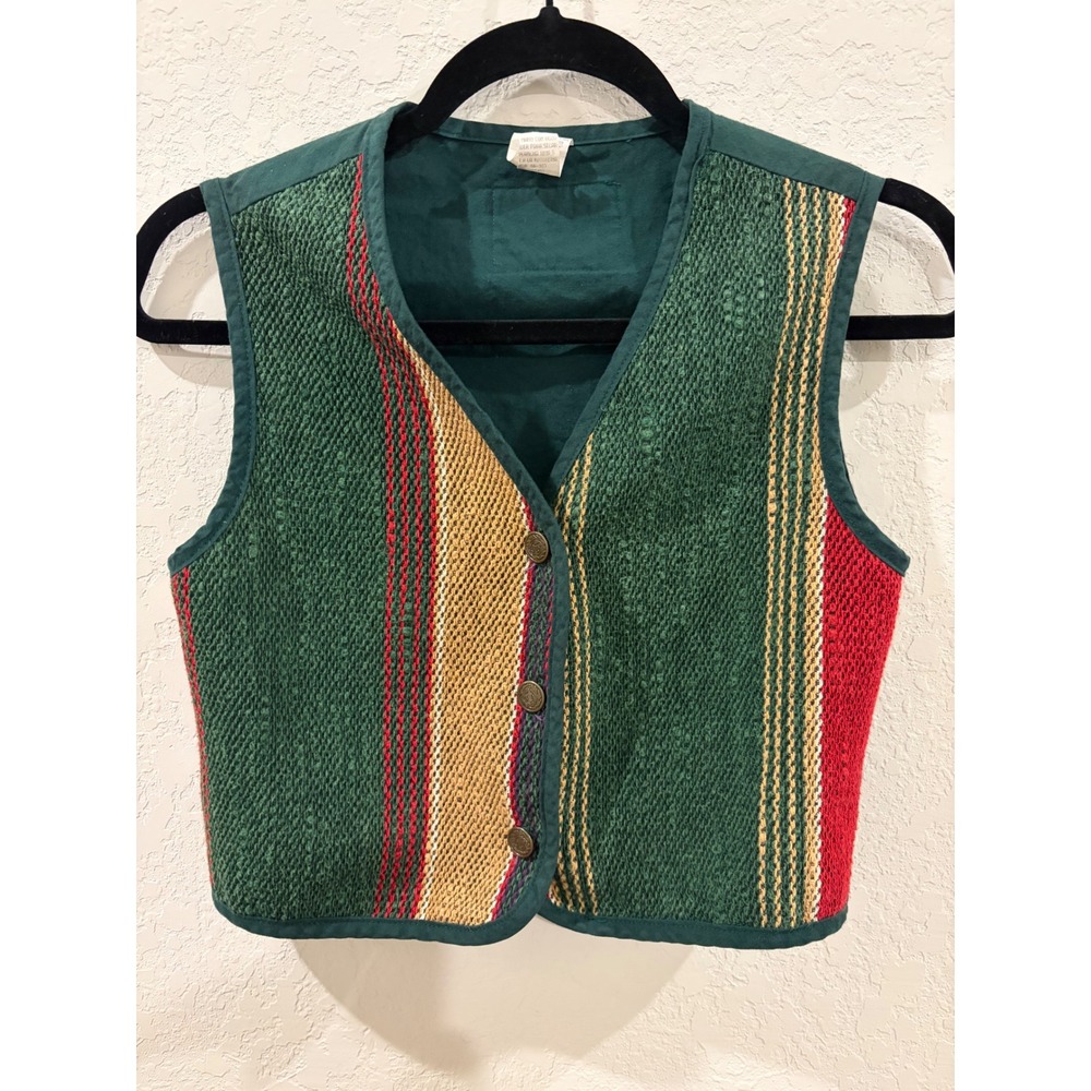Pure Energy Vintage Woven Tapestry Striped Vest Green Red Small Made in USA